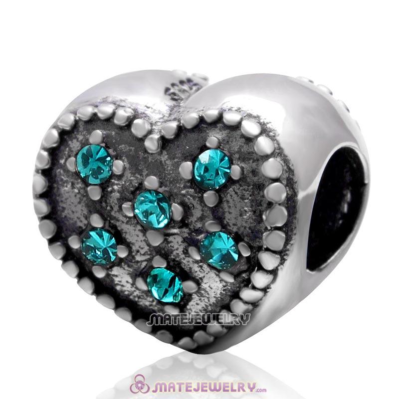 925 Sterling Silver Charm Sparkly Blue Zircon Crystal Heart Bead 