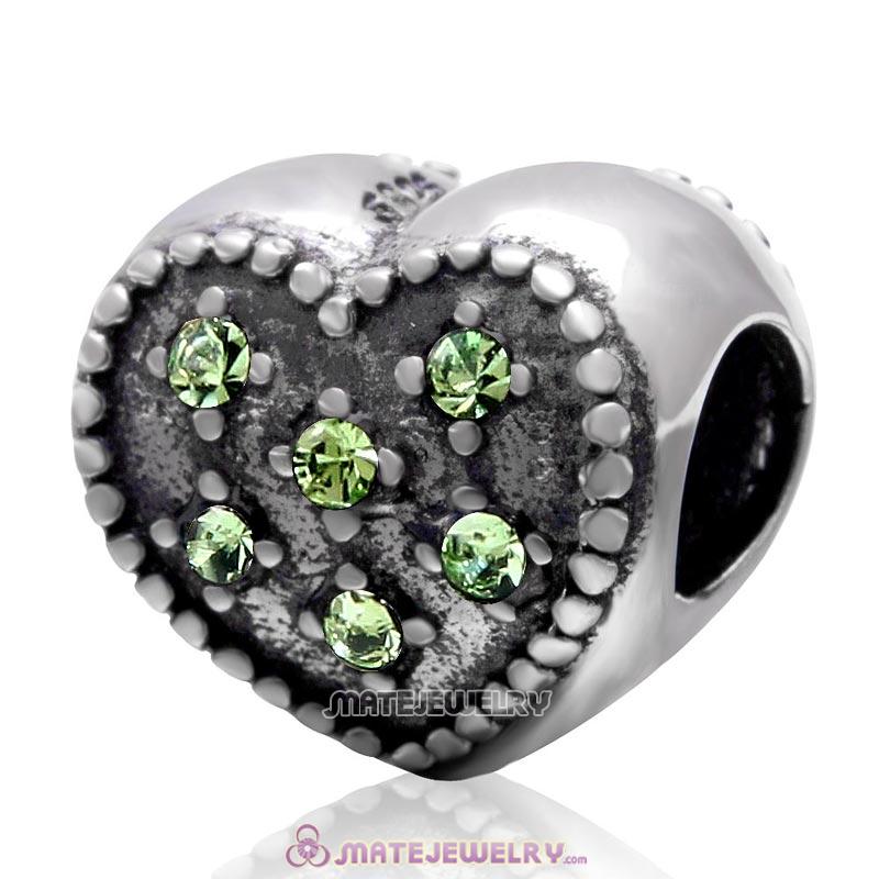 925 Sterling Silver Charm Sparkly Peridot Crystal Heart Bead 
