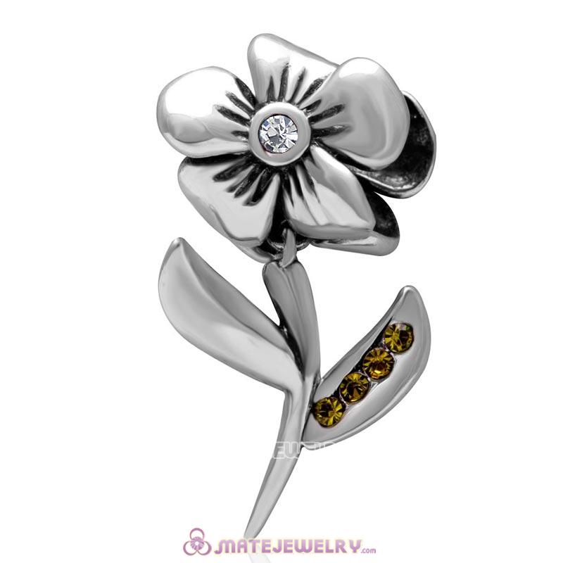 925 Sterling Silver Hibiscus Flower Clear Crystal Charms