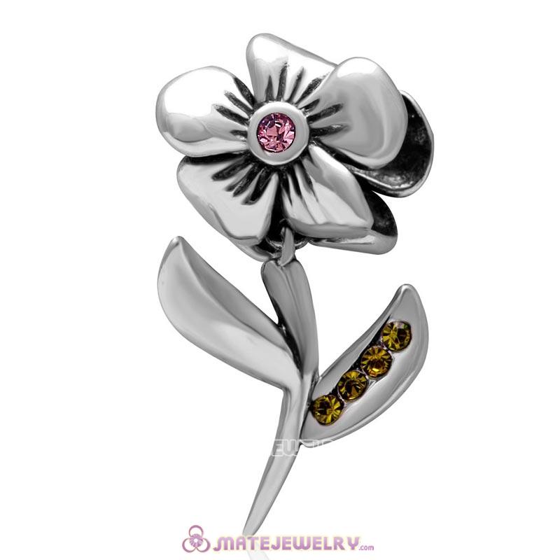 925 Sterling Silver Hibiscus Flower Lt Rose Crystal Charms