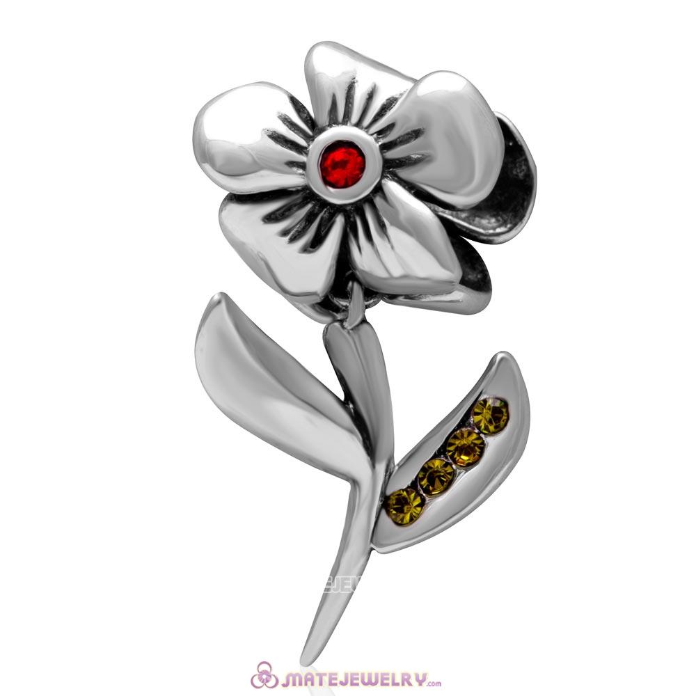 925 Sterling Silver Hibiscus Flower Lt Siam Crystal Charms
