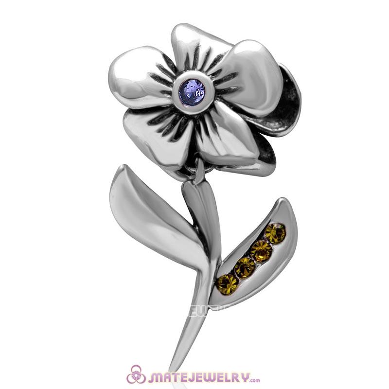 925 Sterling Silver Hibiscus Flower Tanzanite Crystal Charms