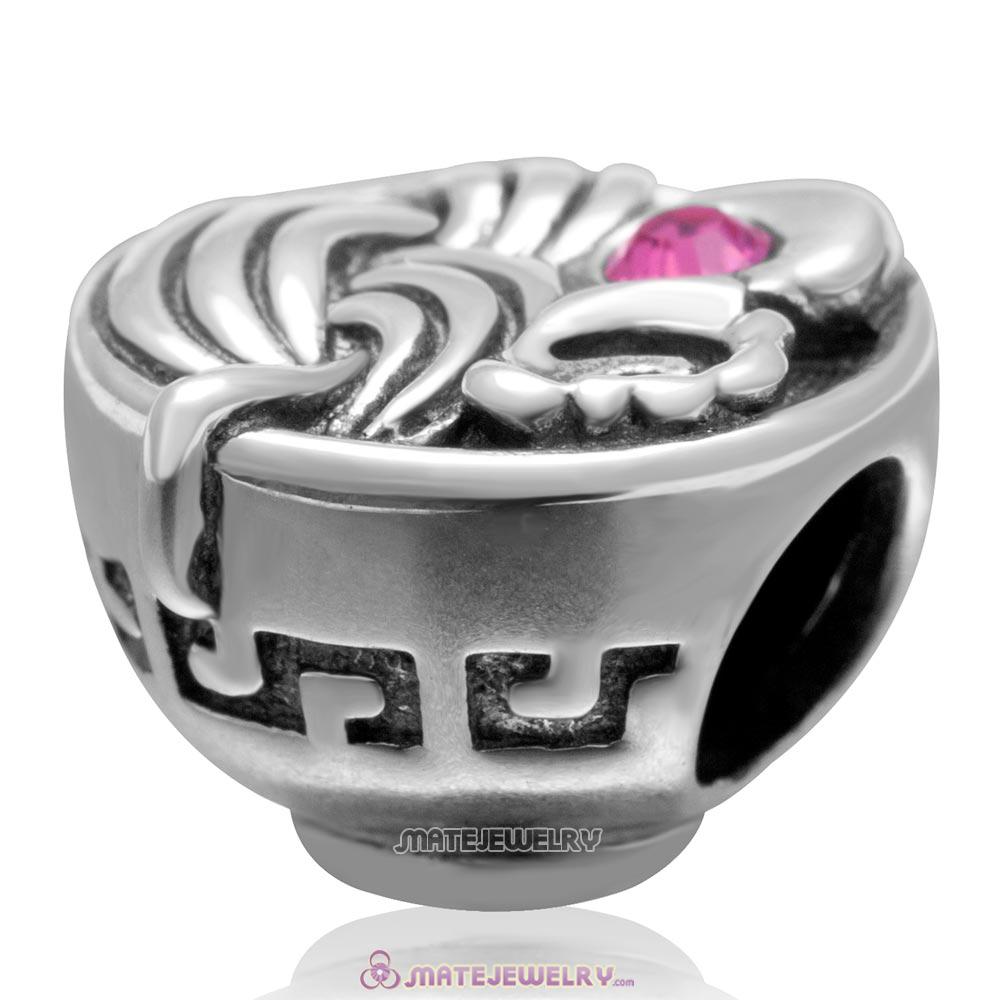 Bowl of Birthday Noodles 925 Sterling Silver with Rose Crystal Egg Charm