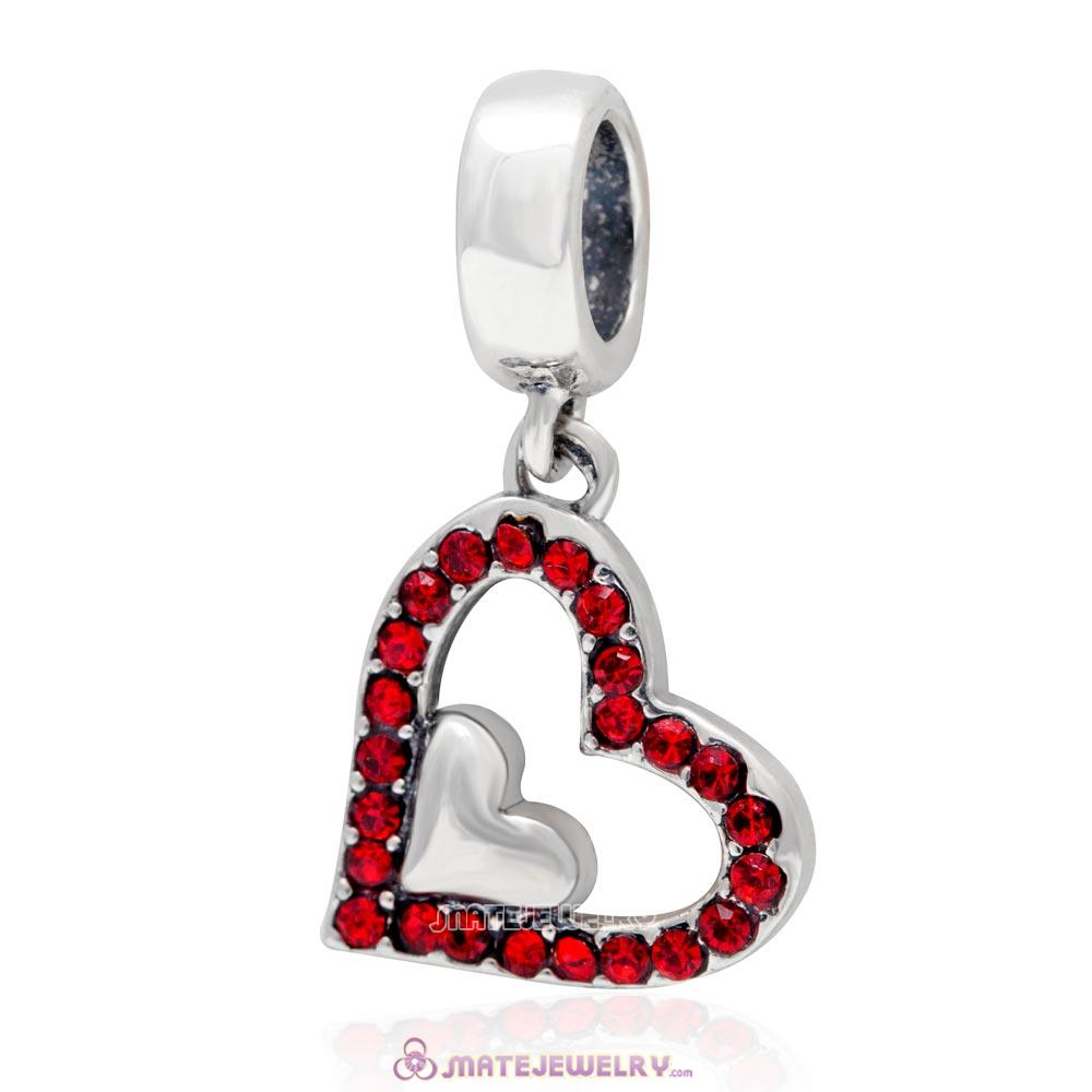 925 Sterling Silver Lt Siam Crystal Heart in Heart Pendant Charm