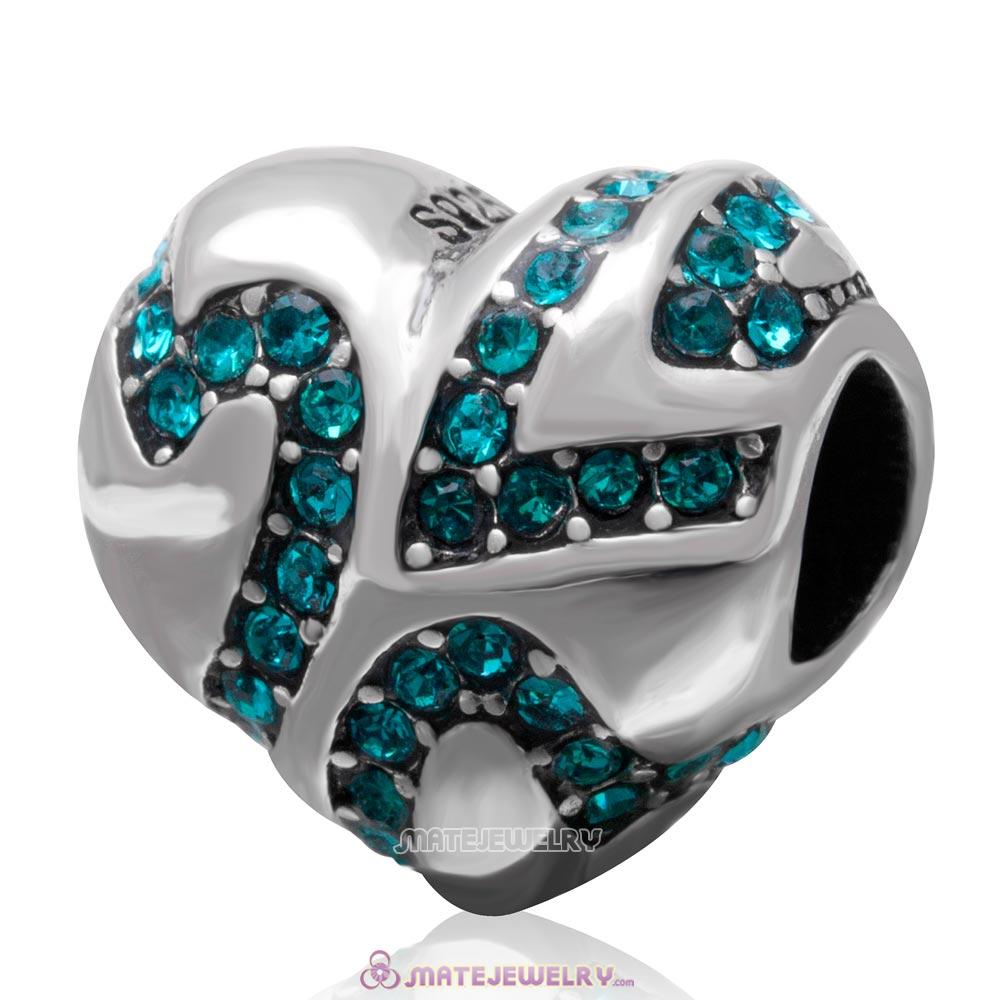 European Style Sterling Silver Valentines Heart Bead with Blue Zircon Crystal 
