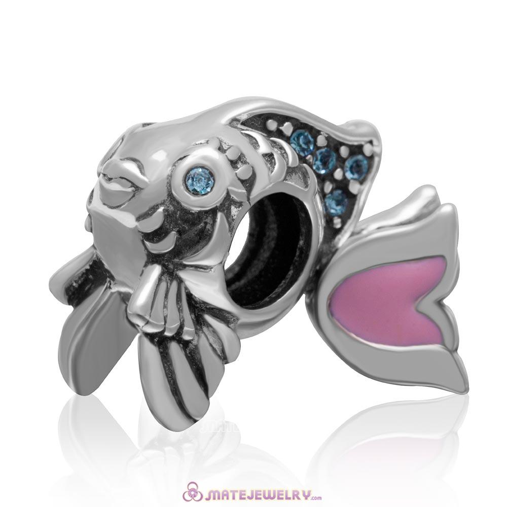 Pink Movable Tail Cute Fish Charm with Aquamarine Crystal in 925 Sterling Silver 
