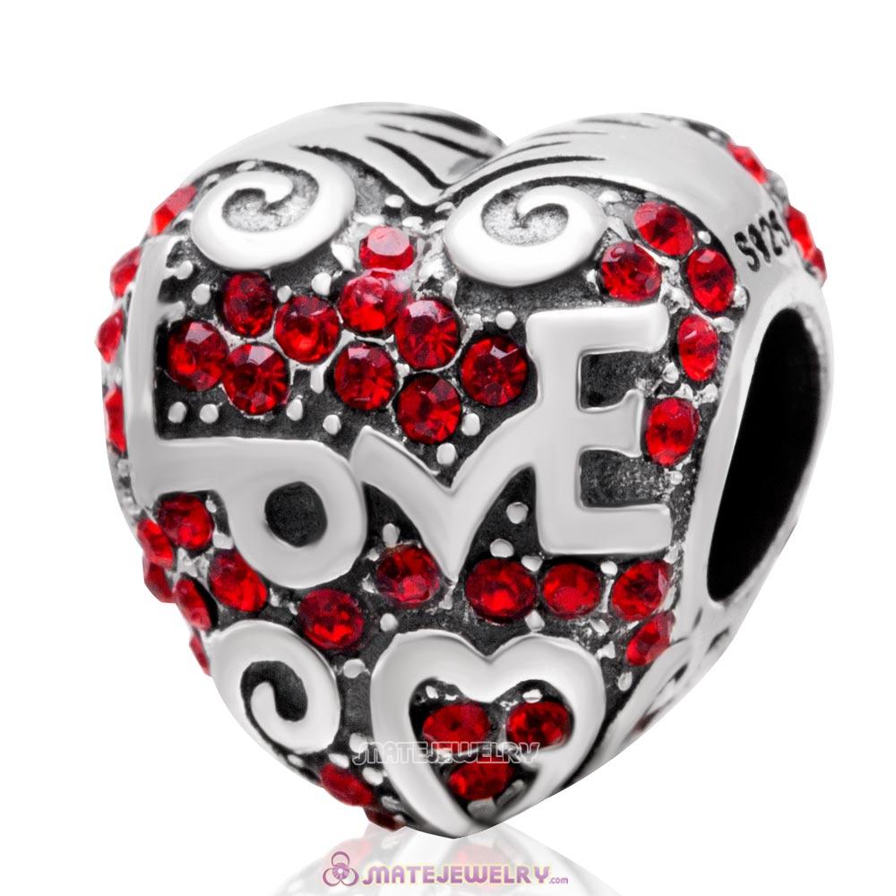 925 Sterling Silver Heart with Love Charm Lt Siam Australian Crystal Bead 