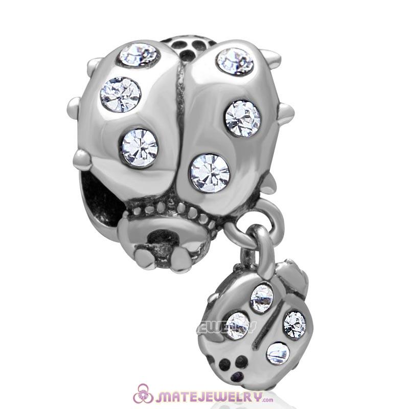 Ladybug with Dangling Smaller Ladybug Clear Crystal 925 Sterling Silver Charm