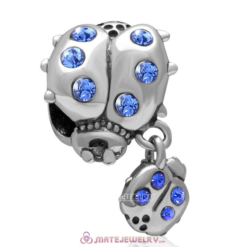 Ladybug with Dangling Smaller Ladybug Sapphire Crystal 925 Sterling Silver Charm