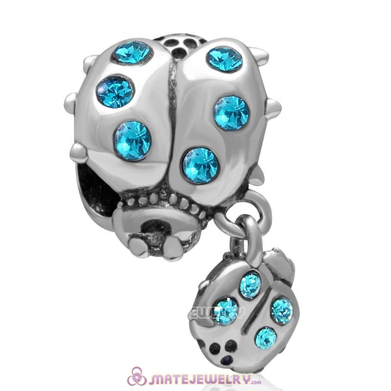 Ladybug with Dangling Smaller Ladybug Blue Zircon Crystal 925 Sterling Silver Charm