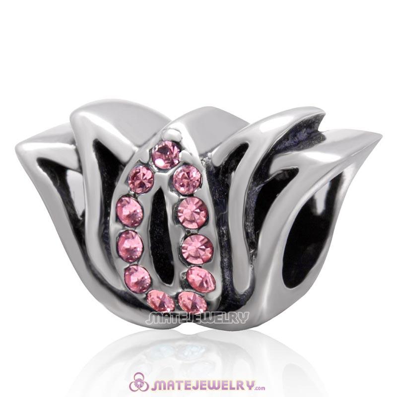 925 Sterling Silver Tulip Flower Bead with Lt Rose Crystal Charm