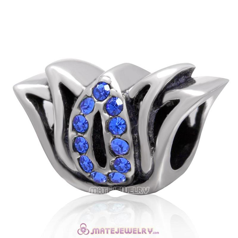 925 Sterling Silver Tulip Flower Bead with Sapphire Crystal Charm