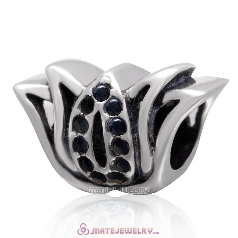 925 Sterling Silver Tulip Flower Bead with Jet Crystal Charm