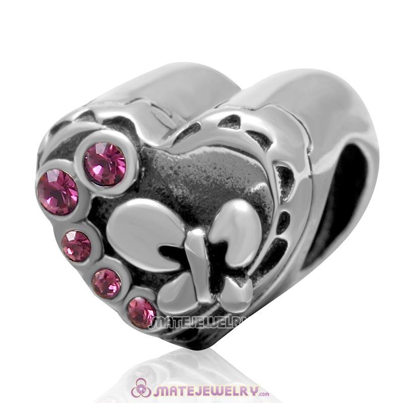 Butterfly Charm 925 Sterling Silver with Amethyst Crystal Love Heart Bead