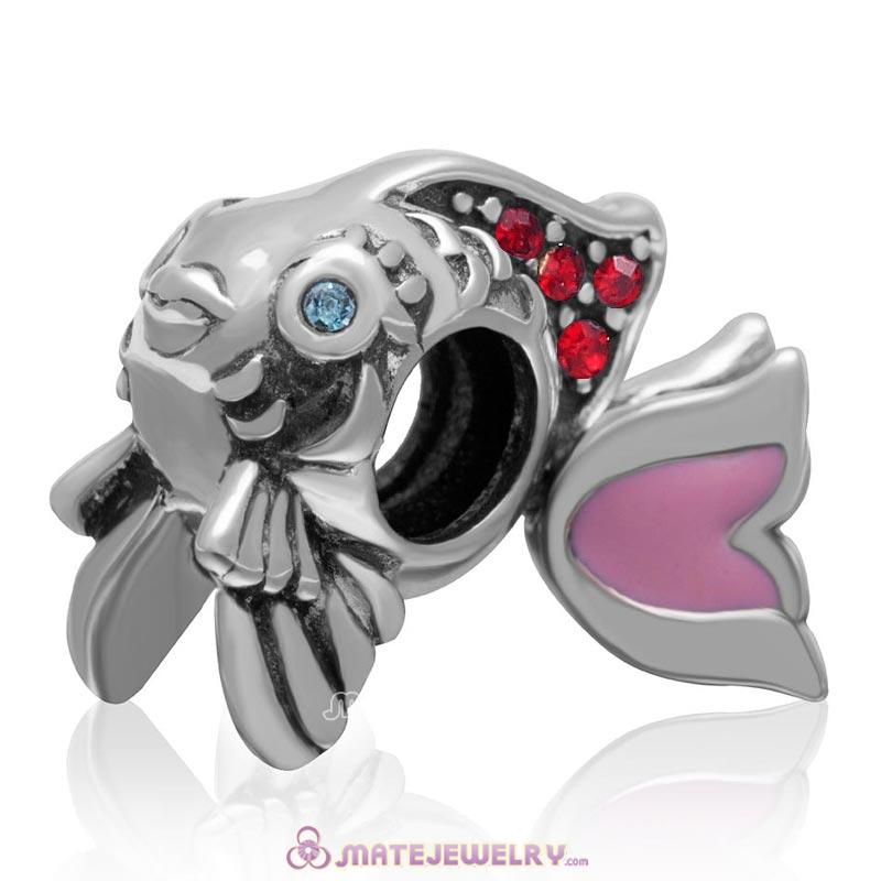 Pink Movable Tail Cute Fish Charm with Lt Siam Crystal in 925 Sterling Silver 