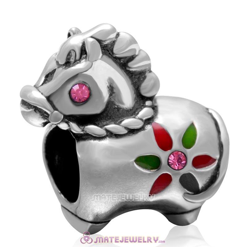 Cute Horse Charm with Rose Crystal in 925 Sterling Silver 