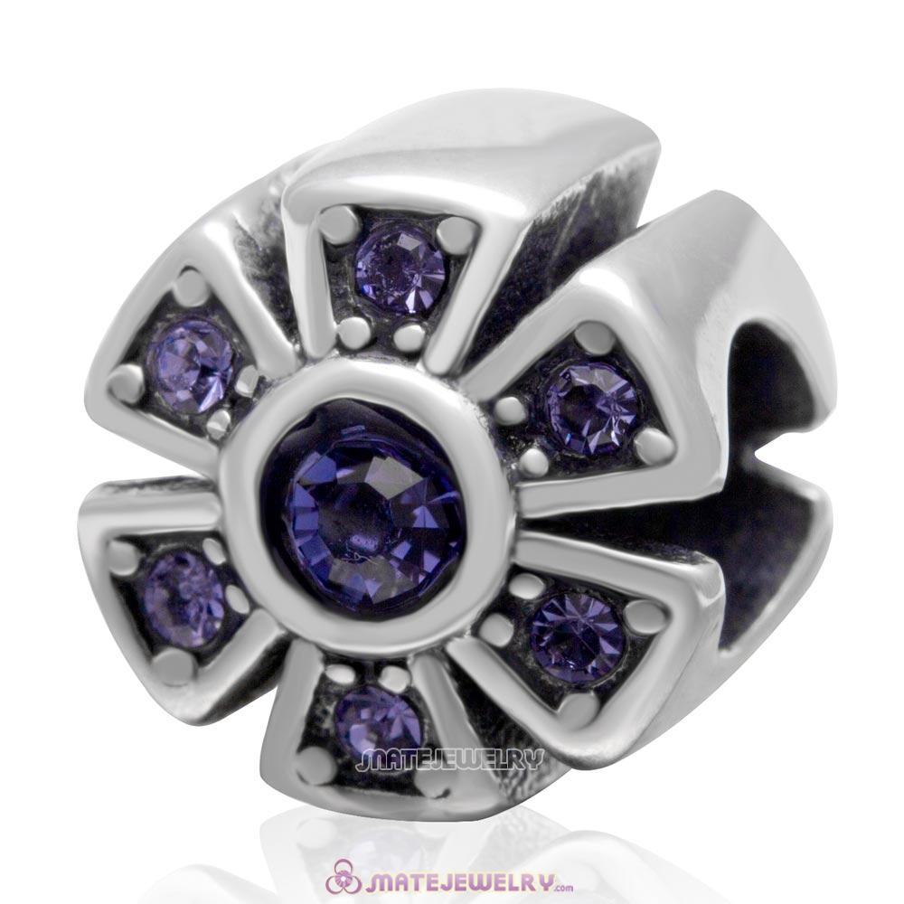 925 Sterling Silver Sparkly Flower Tanzanite Crystal Charm Bead