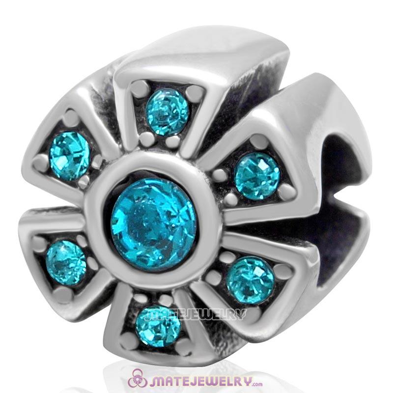 925 Sterling Silver Sparkly Flower Blue Zircon Crystal Charm Bead