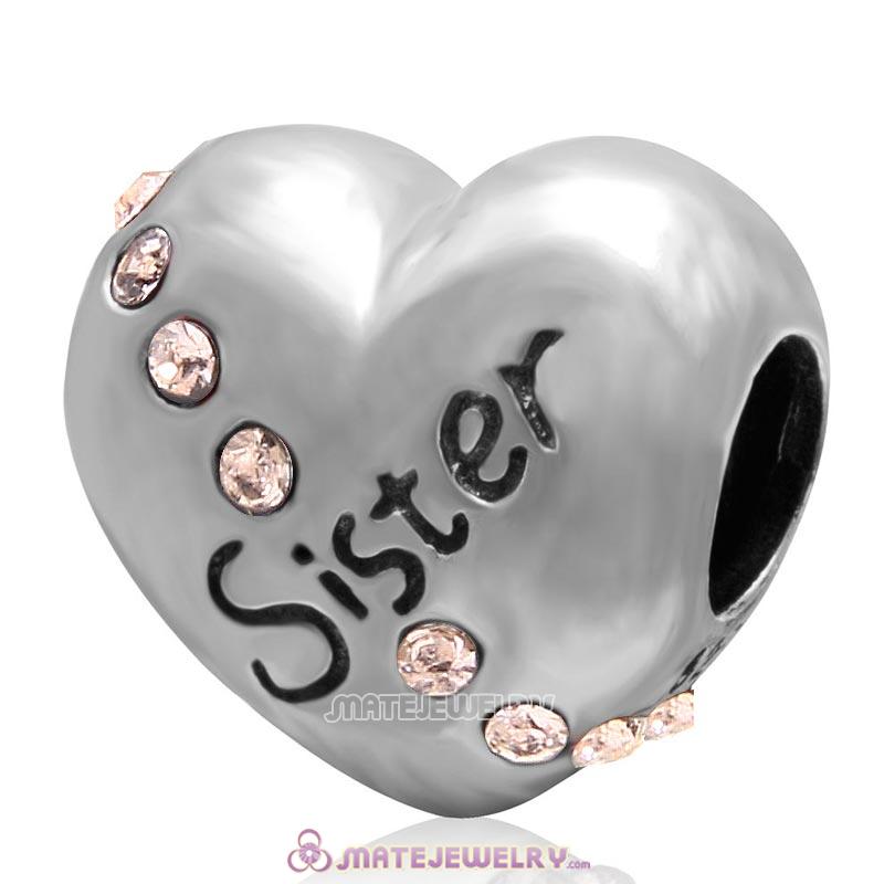 Lt Peach Crystal Sister 925 Sterling Silver Love Heart Bead