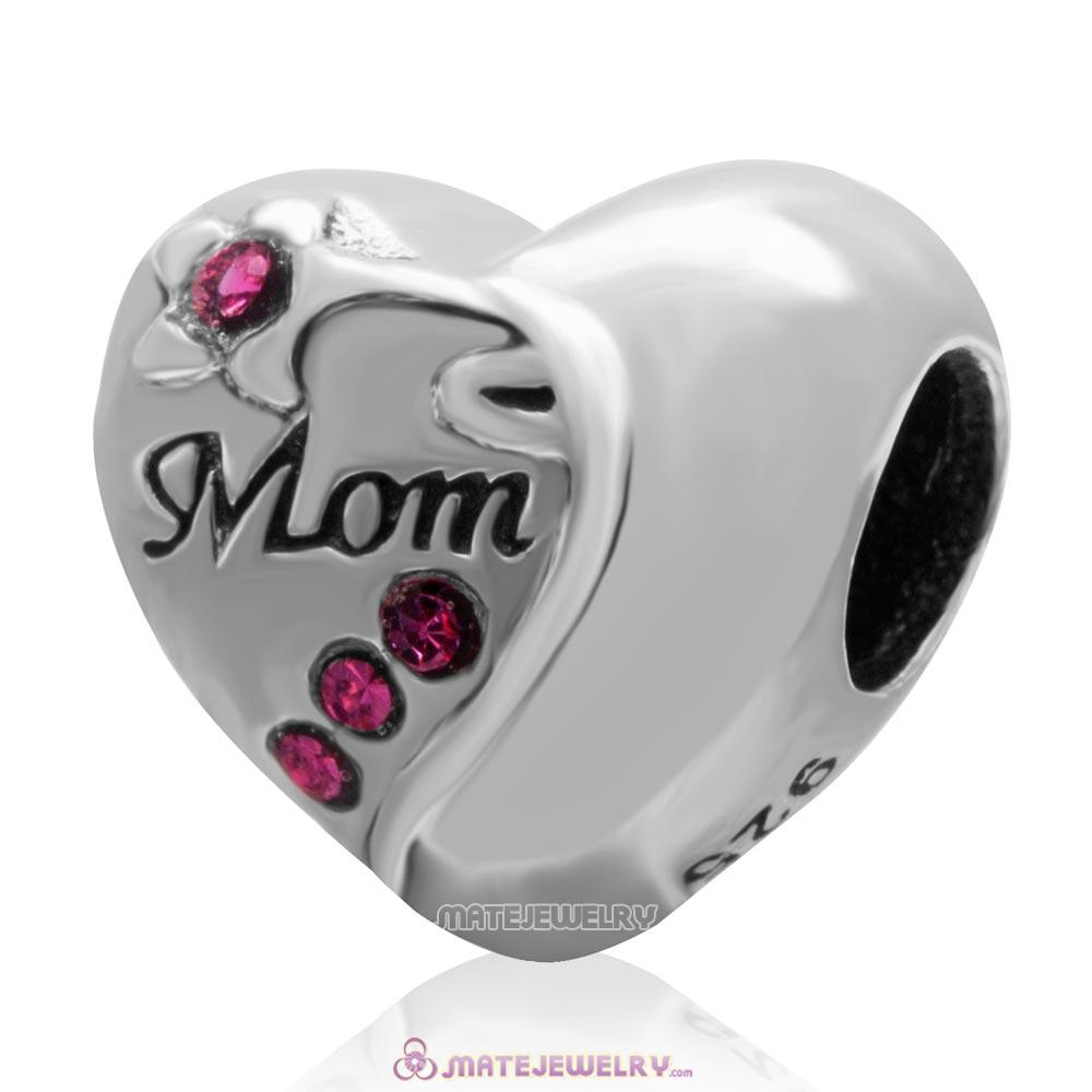 Rose Crystal 925 Sterling Silver Mom Heart Bead