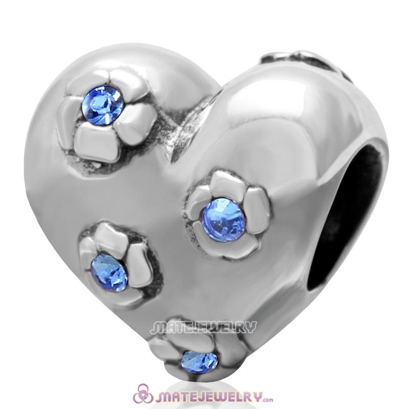 925 Sterling Silver Sweet Heart Bead with Sapphire Crysta