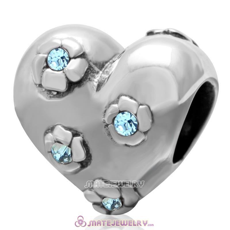 925 Sterling Silver Sweet Heart Bead with Aquamarine Crysta