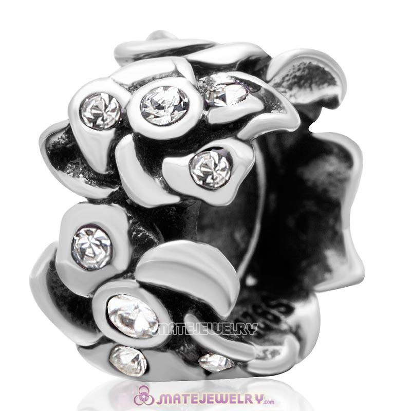Poppy Flower Spacer Charm 925 Sterling Silver Bead with Clear Crystal