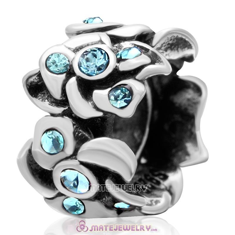 Poppy Flower Spacer Charm 925 Sterling Silver Bead with Aquamarine Crystal