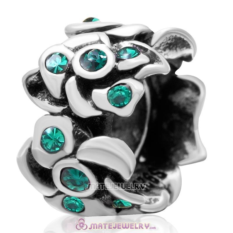 Poppy Flower Spacer Charm 925 Sterling Silver Bead with Emerald Crystal