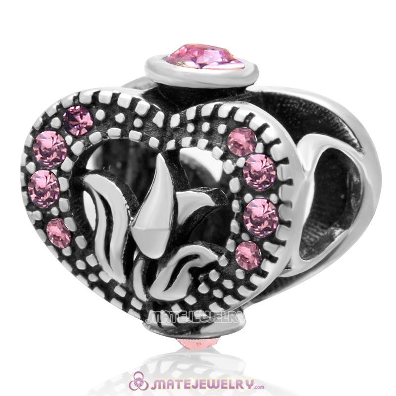 Love Tulip Heart with Lt Rose Crystal 925 Sterling Silver Charm Bead