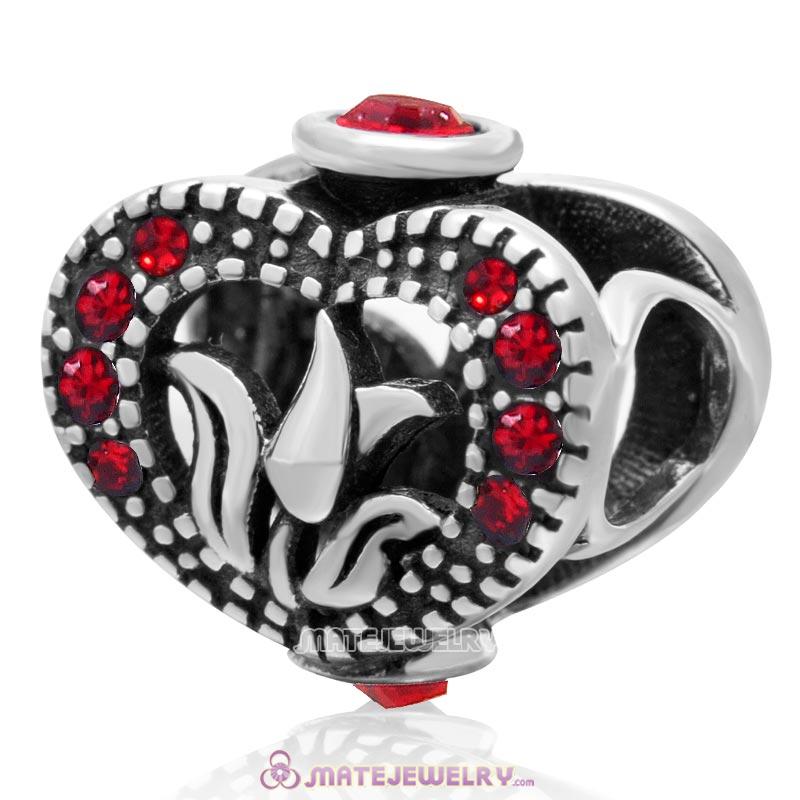 Love Tulip Heart with Lt Siam Crystal 925 Sterling Silver Charm Bead