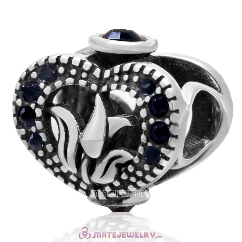 Love Tulip Heart with Jet Crystal 925 Sterling Silver Charm Bead