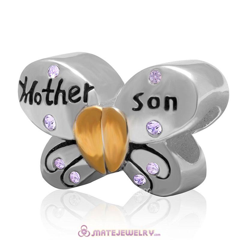 1 Pair Mother Son Butterfly Charm Sterling Silver Beads with Violet Austrian Crystal