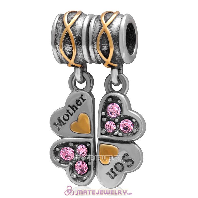 1 Pair Mother Son Clover Charm Sterling Silver with Lt Rose Austrian Crystal