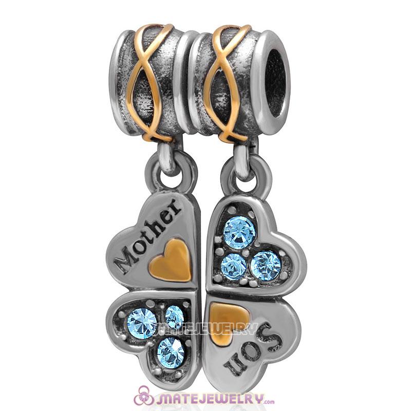 1 Pair Mother Son Clover Charm Sterling Silver with Aquamarine Austrian Crystal