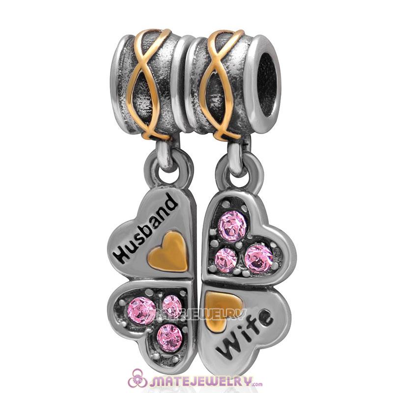 1 Pair Wife Husband Clover Charm Sterling Silver with Lt Rose Austrian Crystal