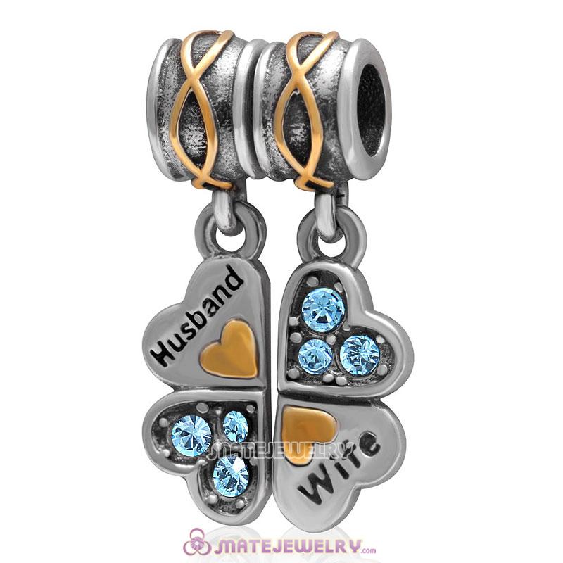 1 Pair Wife Husband Clover Charm Sterling Silver with Aquamarine Austrian Crystal