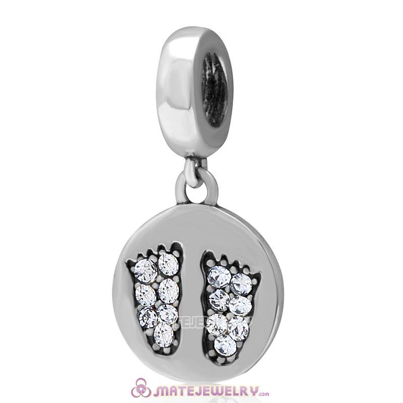 Clear Crystal Pave Baby Feet Charm Dangle 925 Sterling Silver 