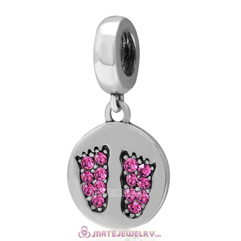 Rose Crystal Pave Baby Feet Charm Dangle 925 Sterling Silver 