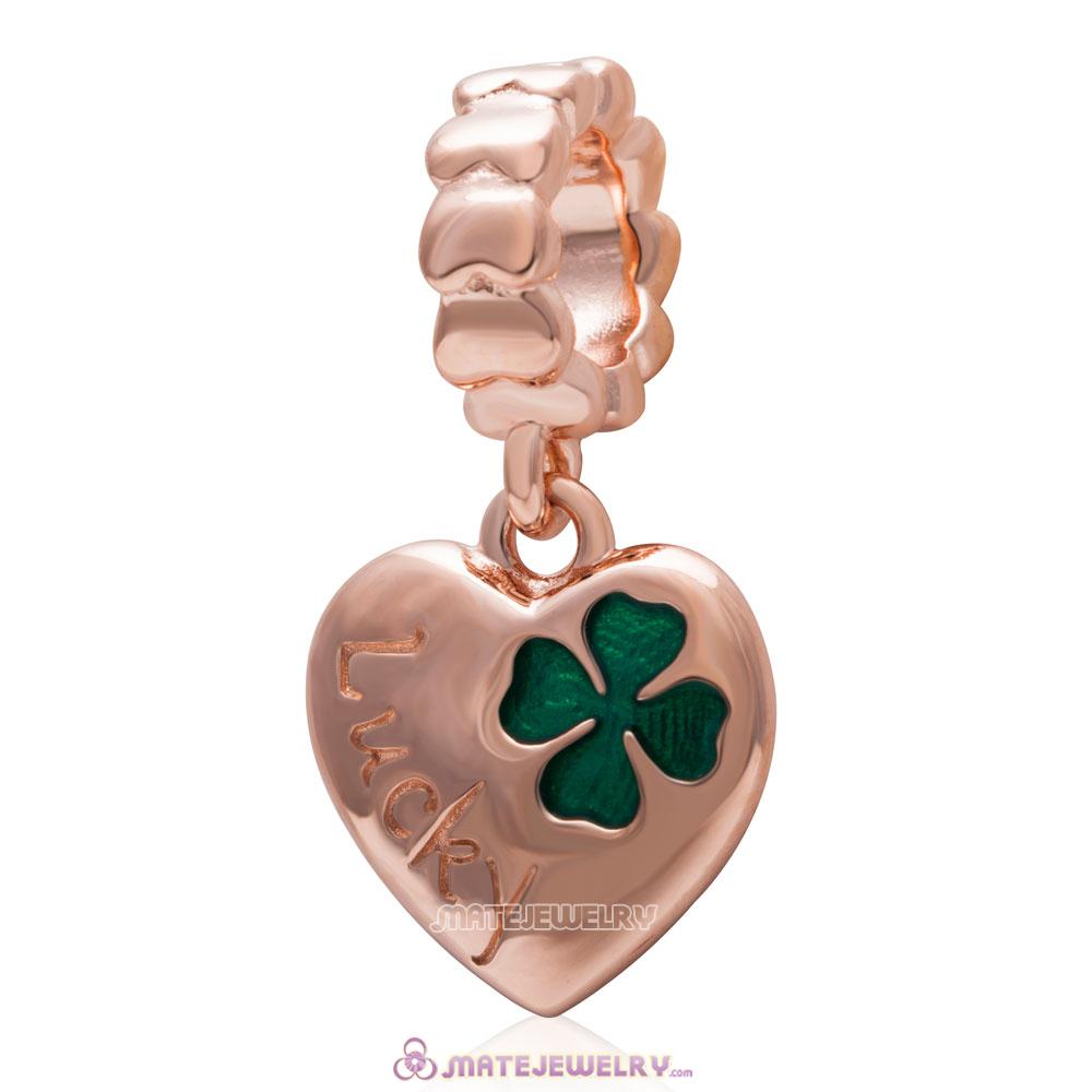 925 Sterling Silver Lucky Clover Heart Dangle Bead with Rose Gold