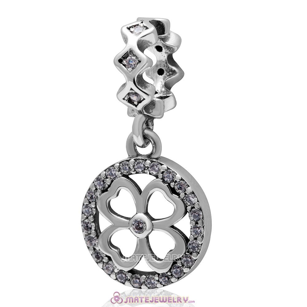 925 Sterling Silver Lucky Clover Dangle Clear Cz Bead