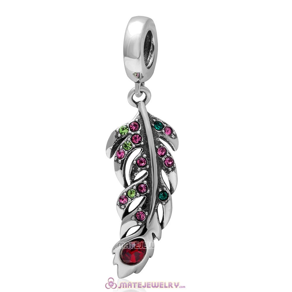 925 Sterling Silver Colorful Crystal Winter Feather Charm