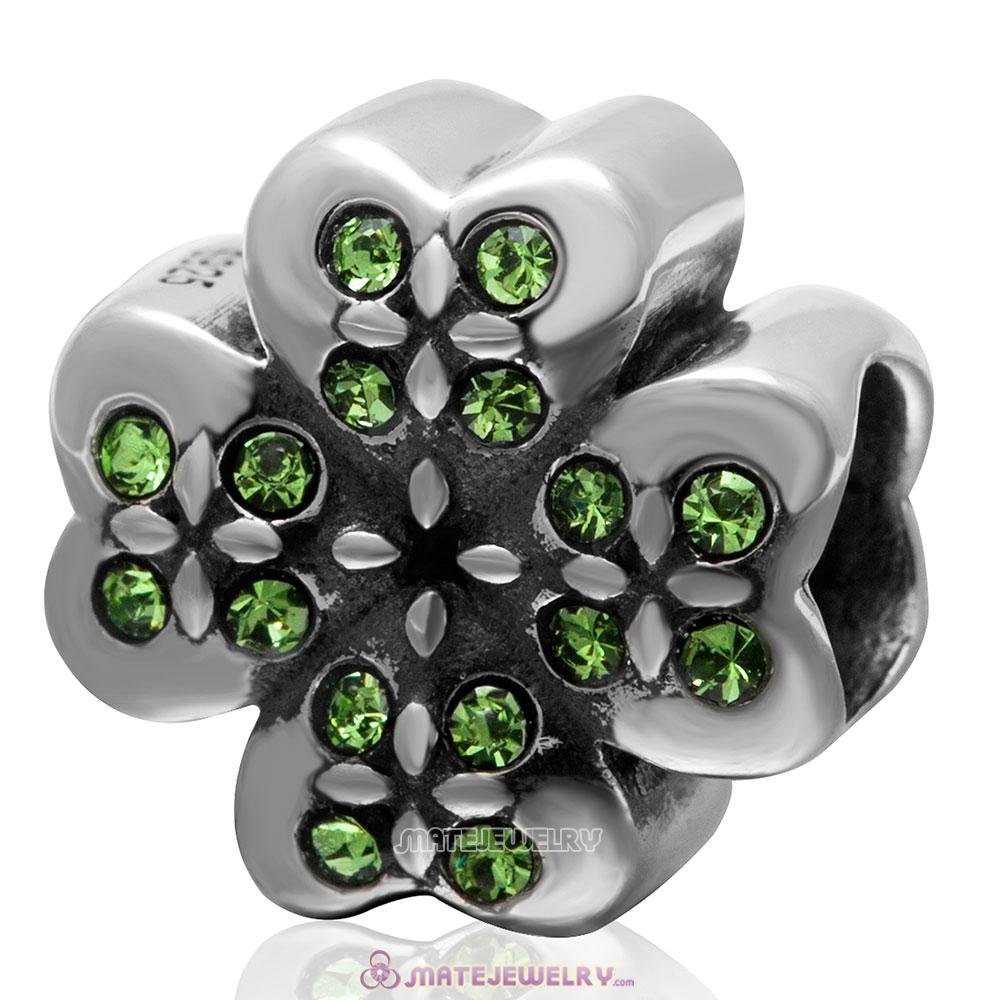 925 Sterling Silver Peridot Crystal Lucky Four Leaf Clover Charm Bead