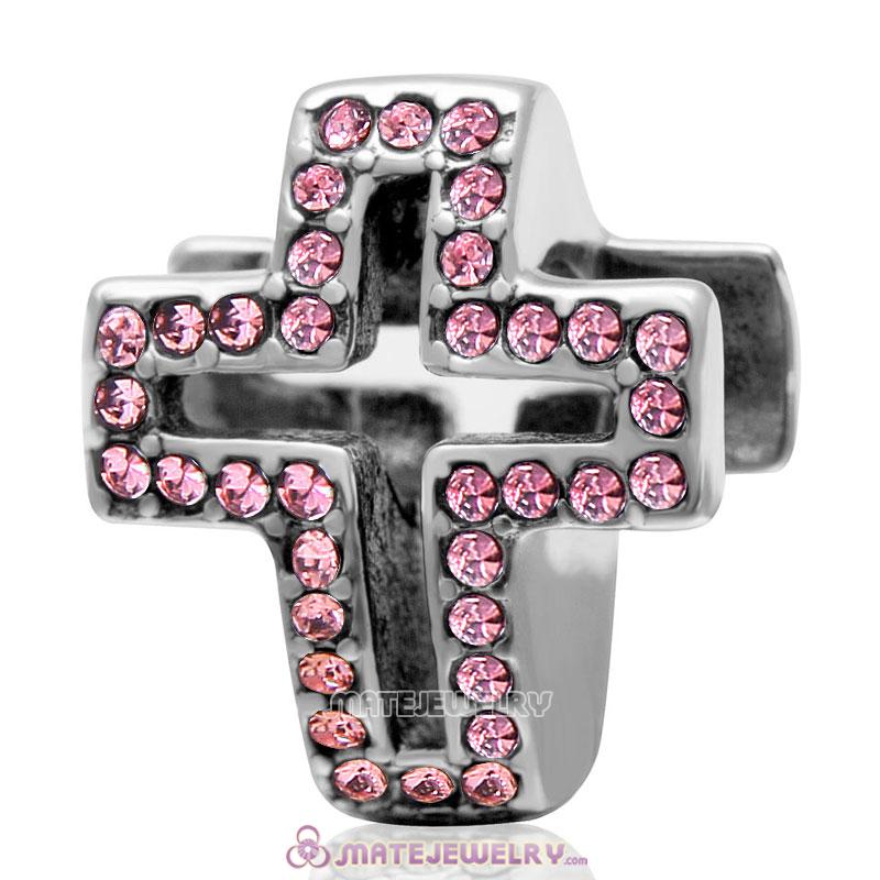 Spackly Christian Cross Charm 925 Sterling Silver with Lt Rose Crystal 