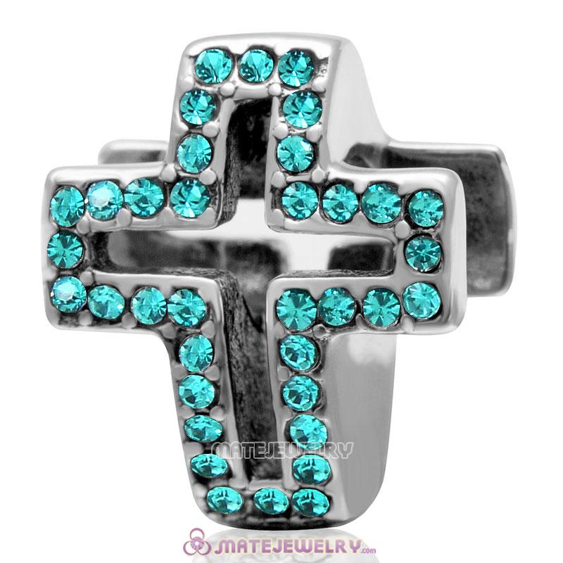 Spackly Christian Cross Charm 925 Sterling Silver with Blue Zircon Crystal 