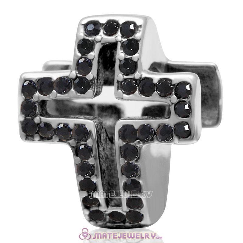 Spackly Christian Cross Charm 925 Sterling Silver with Jet Crystal 