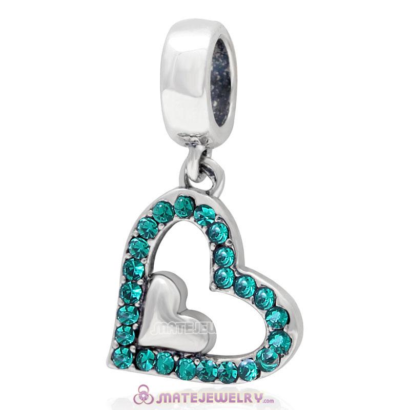 925 Sterling Silver Emerald Crystal Heart in Heart Pendant Charm
