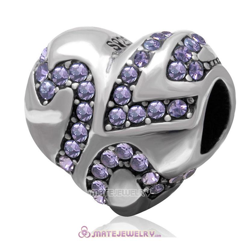 European Style Sterling Silver Valentines Heart Bead with Tanzanite Crystal 