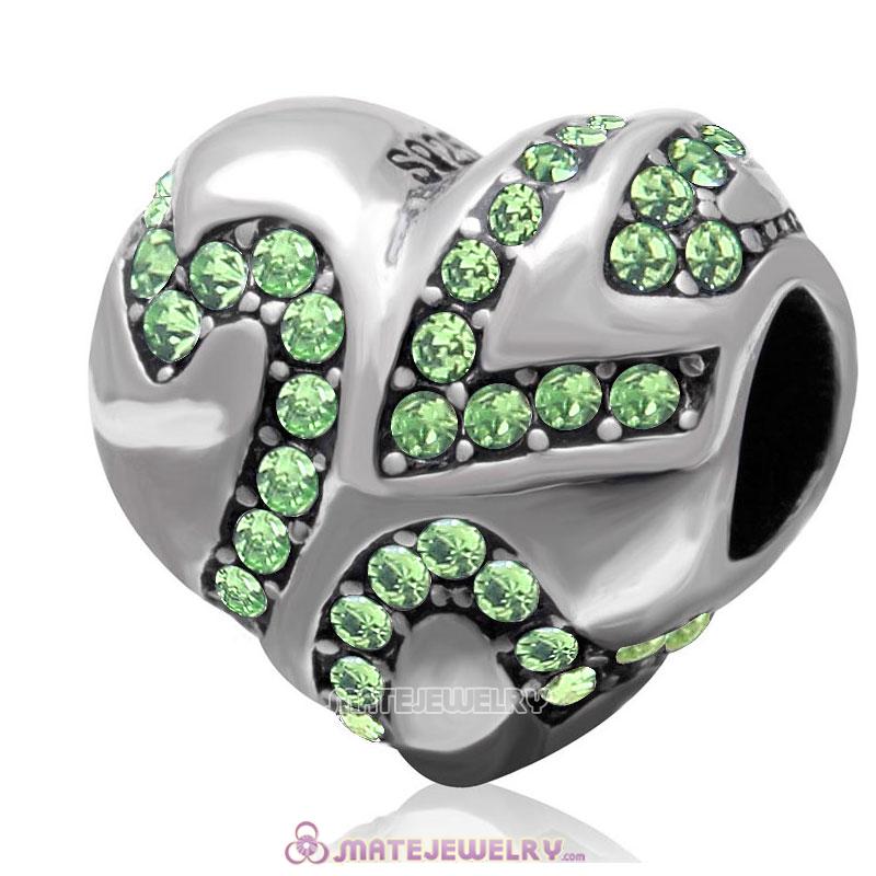 European Style Sterling Silver Valentines Heart Bead with Peridot Crystal 