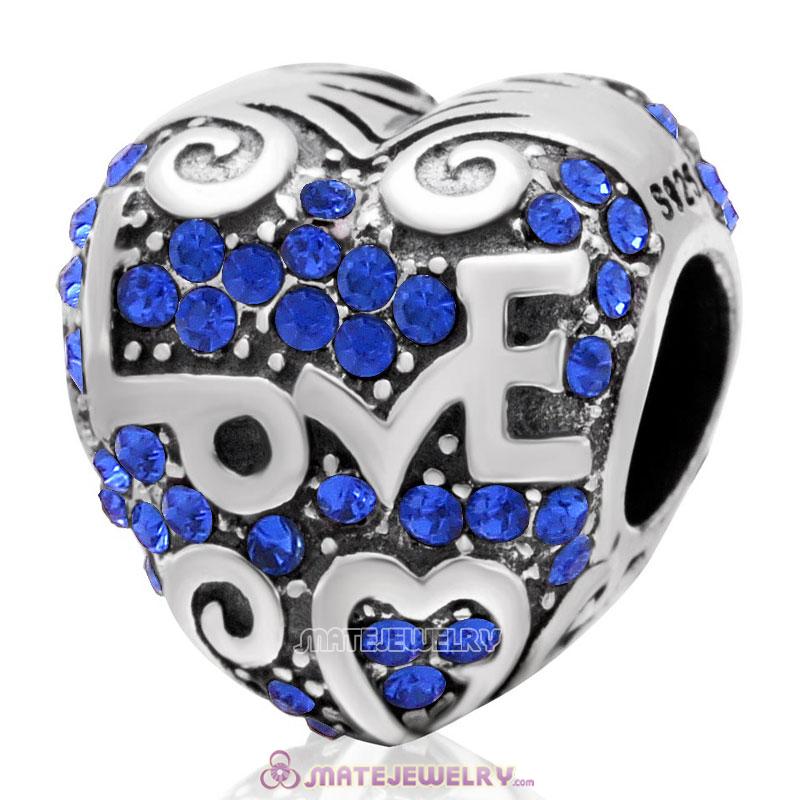 925 Sterling Silver Heart with Love Charm Sapphire Australian Crystal Bead 